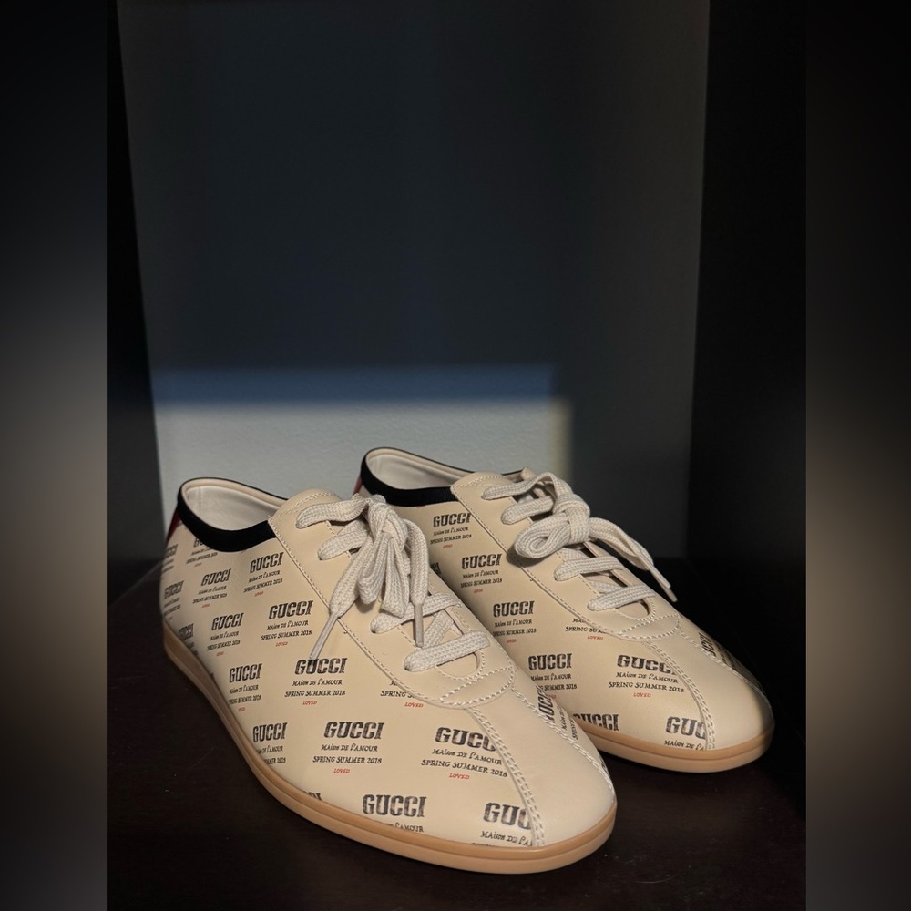 Gucci Falacer Invite Print Beige Leather Sneakers with dust bags - Picture 3 of 5